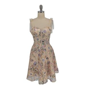 00093 Coya Collection Floral Sequin Mesh Dress Cream size XS party cocktail